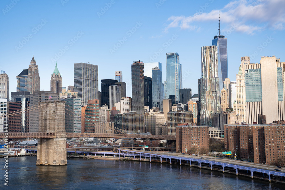 New York City skyline. Brooklyn bridge view. New York City skyline. Brooklyn bridge view.