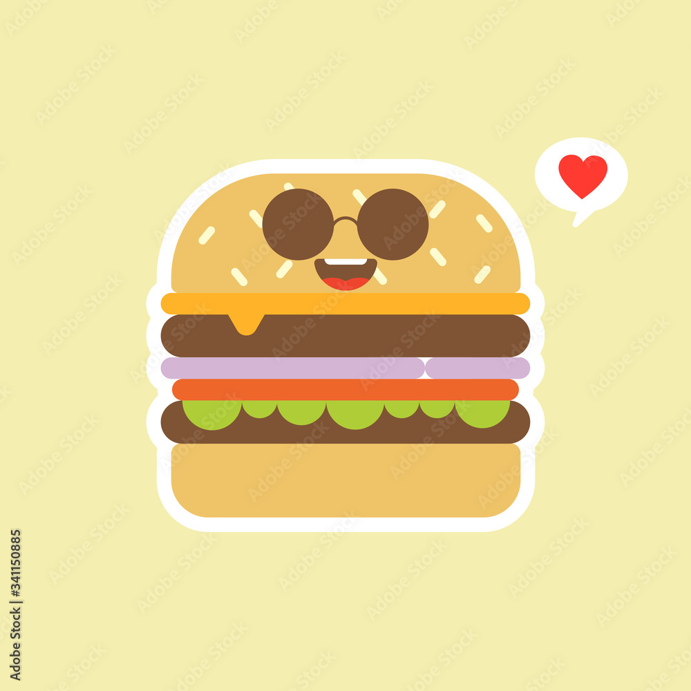 cute and kawaii vector cartoon cute burger character with cheese, meat and salad icon isolated on color background. Burger, tomatoes, pickled cucumbers, cheese, lettuce, bun. cute and kawaii vector cartoon cute burger character with cheese, meat and salad icon isolated on color background. Burger, tomatoes, pickled cucumbers, cheese, lettuce, bun.