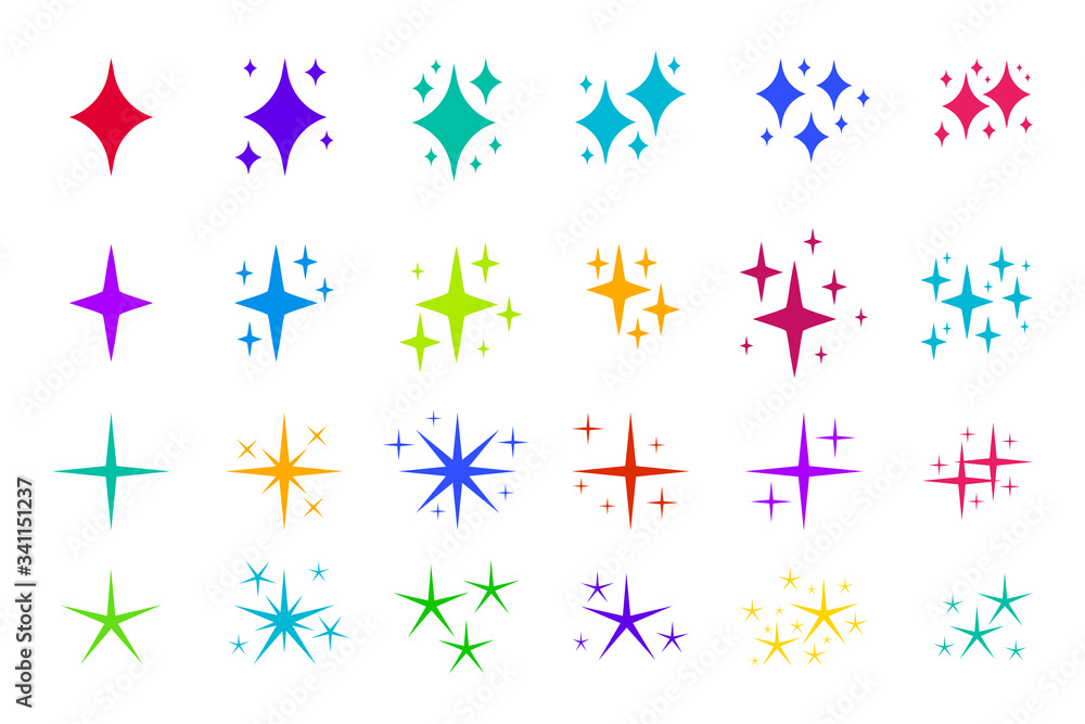 Colorful flat sparkles icons set. Graphic element confetti, original elegant glowing light effect. Sparkle lights stars, glitter flare magic glowing for any design game. Isolated vector illustration Colorful flat sparkles icons set. Graphic element confetti, original elegant glowing light effect. Sparkle lights stars, glitter flare magic glowing for any design game. Isolated vector illustration