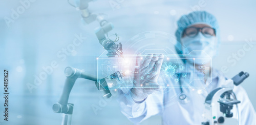 Cuadro en lienzo Medicine doctor and robotics research and analysis, Scientist diagnose checking coronavirus or covid-19 testing result with virtual screen,  Medical technology and inhibition of disease outbreaks