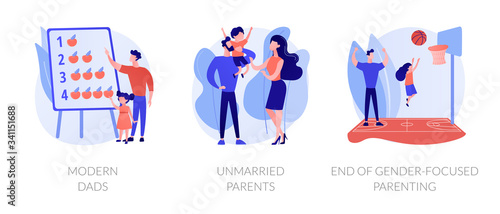 Gender and social equality parenthood metaphors. Modern dads, unmarried parents, end of gender-focused parenting. Fatherhood and motherhood abstract concept vector illustration set.