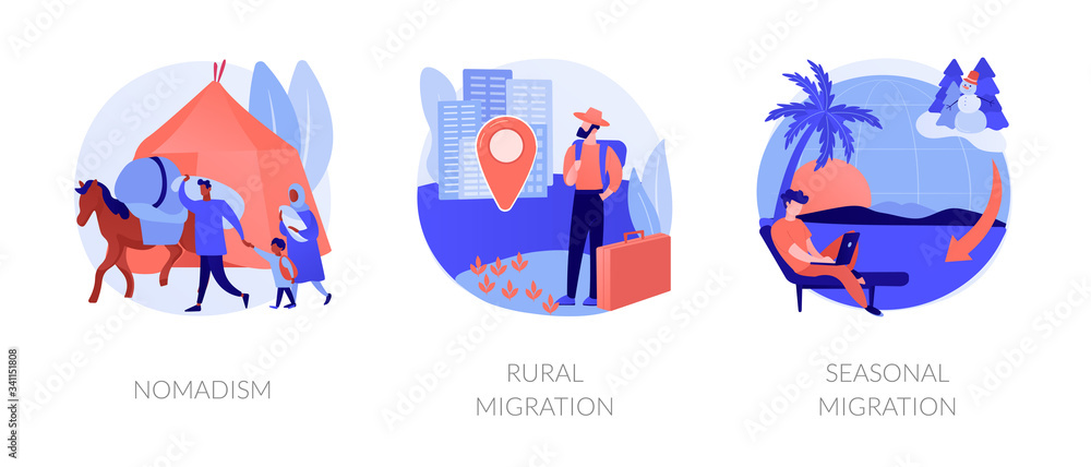 Temporary migration metaphors. Nomad lifestyle, rural and seasonal migration. Holiday vacation tourism. Changing settling place, moving to new location abstract concept vector illustration set. Temporary migration metaphors. Nomad lifestyle, rural and seasonal migration. Holiday vacation tourism. Changing settling place, moving to new location abstract concept vector illustration set.