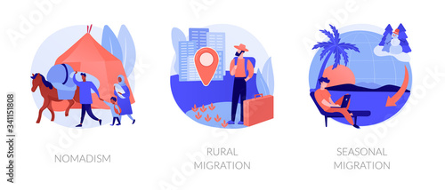 Temporary migration metaphors. Nomad lifestyle, rural and seasonal migration. Holiday vacation tourism. Changing settling place, moving to new location abstract concept vector illustration set.