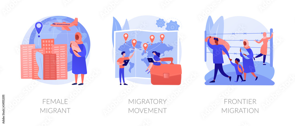 Refugees of war and gender discrimination metaphors. Female migrant, migratory movement, frontier emigration. Asylum seekers community abstract concept vector illustration set.
