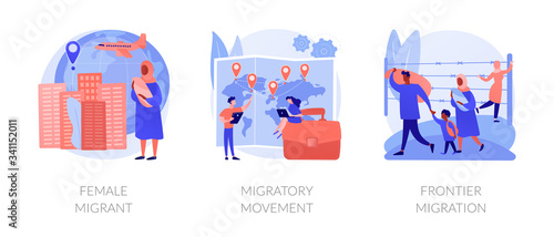 Refugees of war and gender discrimination metaphors. Female migrant, migratory movement, frontier emigration. Asylum seekers community abstract concept vector illustration set.