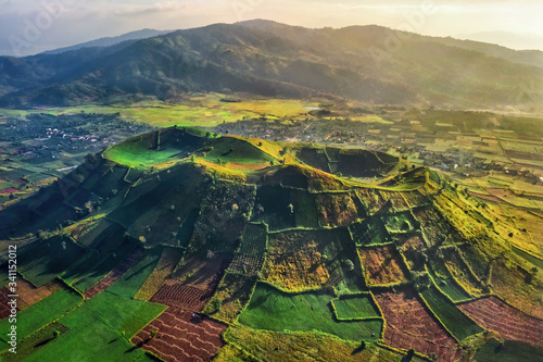 Aerial view of  Chu Dang Ya volcano mountain with Da Quy flower or Tithonia d...