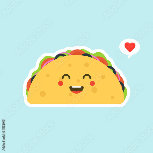 Cute Taco Mexico Fast Food Vector Illustration Cartoon Character Icon.  kawaii and cute Tacos  Mexican food kids menu, card concept