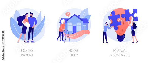 Caregiving and social support services metaphors. Foster parent, home help, mutual assistance. Child adoption, help with domestic chores abstract concept vector illustration set.