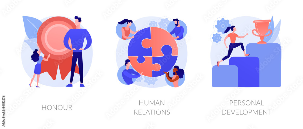 Personal achievement and employees training metaphors. Honour, human relations, self development. Business coaching. Challenge and progress abstract concept vector illustration set. Personal achievement and employees training metaphors. Honour, human relations, self development. Business coaching. Challenge and progress abstract concept vector illustration set.