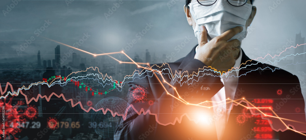 Economy crisis, Businessman with mask, Analysis corona virus economic impact, Crisis business and market financial conditions in the global Effects of outbreak and pandemic covid-19, Stocks fall. - obrazy, fototapety, plakaty 