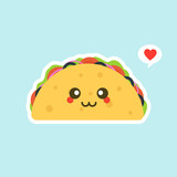 Mexican food with cute smiling faces.  kawaii and cute Tacos  Mexican food kids menu, card concept