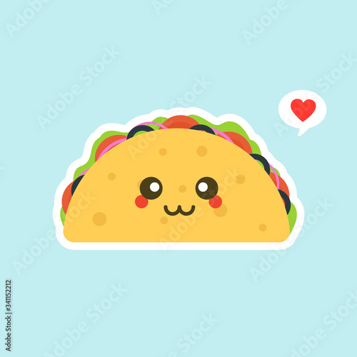Mexican food with cute smiling faces.  kawaii and cute Tacos  Mexican food kids menu, card concept