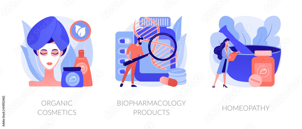 Fototapeta premium Skincare and healthcare, natural pharmacological products, disease prevention. Organic cosmetics, biopharmacology products, homeopathy metaphors. Vector isolated concept metaphor illustrations.