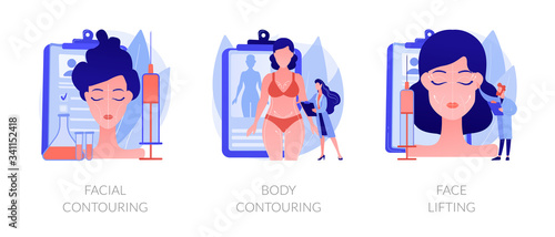 Cosmetological procedures, contour plastic, anaplasty, rejuvenation and weight loss. Facial contouring, body contouring, face lifting metaphors. Vector isolated concept metaphor illustrations.