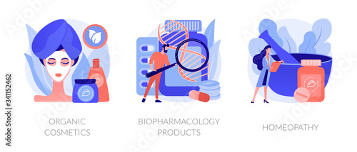 Skincare and healthcare, natural pharmacological products, disease prevention. Organic cosmetics, biopharmacology products, homeopathy metaphors. Vector isolated concept metaphor illustrations.