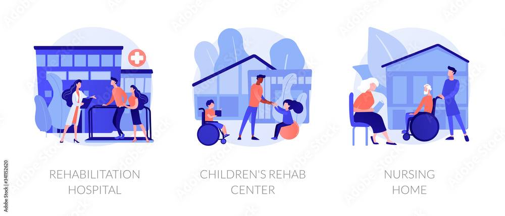 Rehabilitation service and support, medical recovery programs. Rehabilitation hospital, children rehab center, nursing home metaphors. Vector isolated concept metaphor illustrations.