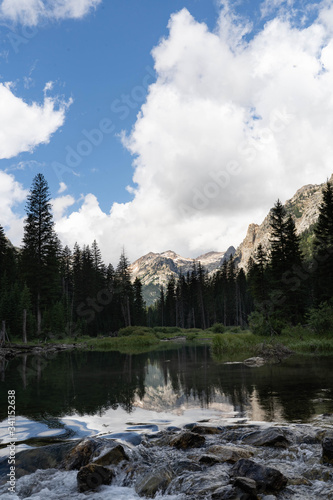 Fototapeta Naklejka Na Ścianę i Meble -  Grand mountains Grand Tetons in Wyoming. Mountain landscape with spring waters and mountain lakes. Blue sky. White clouds. Deep forest woods. 