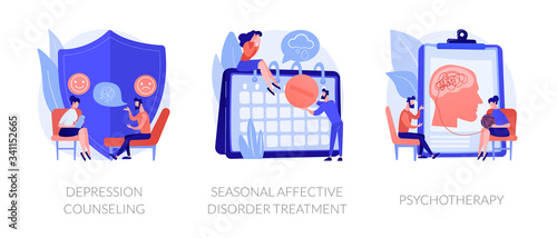 Psychology and psychiatry, mental disorder therapy. Depression counseling, seasonal affective disorder treatment, psychotherapy metaphors. Vector isolated concept metaphor illustrations.