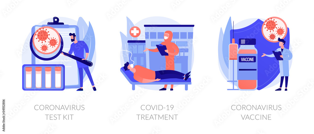 Virus diagnosis and patient treatment abstract concept vector illustration set. Coronavirus test kit, covid19 patient isolation quarantine and treatment, vaccine development abstract metaphor. Virus diagnosis and patient treatment abstract concept vector illustration set. Coronavirus test kit, covid19 patient isolation quarantine and treatment, vaccine development abstract metaphor.