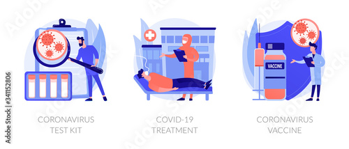 Virus diagnosis and patient treatment abstract concept vector illustration set. Coronavirus test kit, covid19 patient isolation quarantine and treatment, vaccine development abstract metaphor.