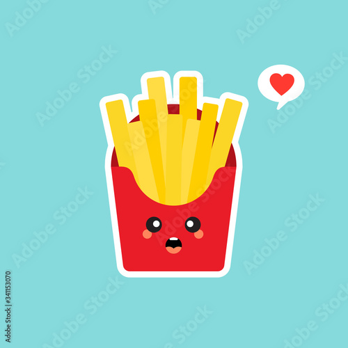 kawaii French fries character with smiling human face . cartoon vector illustration isolated on color background. Happy cartoon humanized French fries, fried potato character, mascot