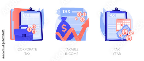 Tax payment flat icons set. Company auditing. Bookkeeping and accounting, finance analytics. Corporate tax, taxable income, tax year metaphors. Vector isolated concept metaphor illustrations