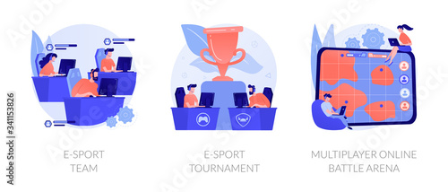 Online games, virtual reality, internet content. Players with joysticks. E-sport-team, e-sport-tournament, multiplayer online battle arena metaphors. Vector isolated concept metaphor illustrations.