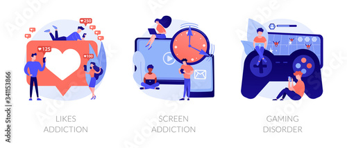 Technology addiction, lack of live communication, psychological problems. Likes addiction, screen addiction, gaming disorder metaphors. Vector isolated concept metaphor illustrations.