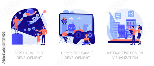 VR space exploring. Digital simulation. Virtual world development, computer games development, interactive design visualization metaphors. Vector isolated concept metaphor illustrations