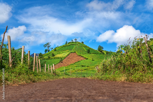 Aerial view of  Chu Dang Ya volcano mountain with Da Quy flower or Tithonia d...