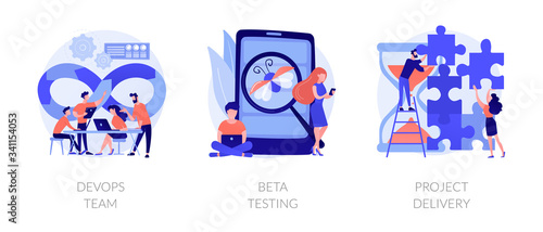 Software development. Technology analysis. Programming teamwork, quality assurance. DevOps team, beta testing, project delivery metaphors. Vector isolated concept metaphor illustrations