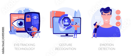 Modern sensor tech. Human-computer and user interface interaction methods. Eye-tracking technology, gesture recognition, emotion detection metaphors. Vector isolated concept metaphor illustrations.