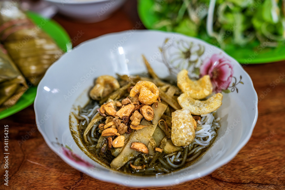 Bun Cua Thoi or Thoi crabs noodle is made from vegetables and crabs, have more egg, Pleiku, Gia Lai, Vietnam Bun Cua Thoi or Thoi crabs noodle is made from vegetables and crabs, have more egg, Pleiku, Gia Lai, Vietnam