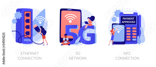 Modern Internet technologies. Wireless network access, contactless payments, Iot system. Ethernet connection, 5g network, NFC connection metaphors. Vector isolated concept metaphor illustrations.