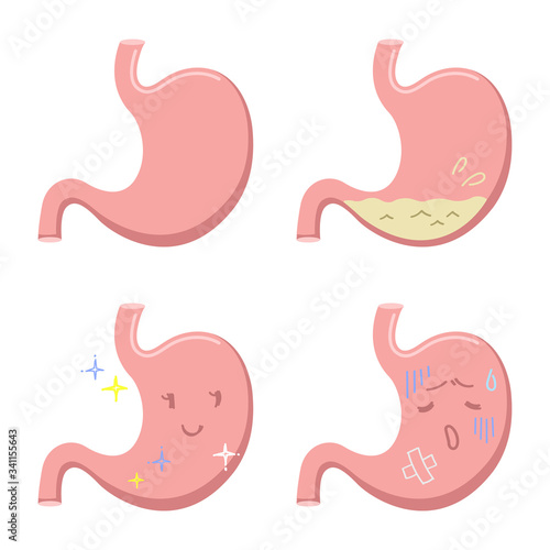 胃のイラスト4種類（通常の胃・元気な胃・不調の胃・胃酸）