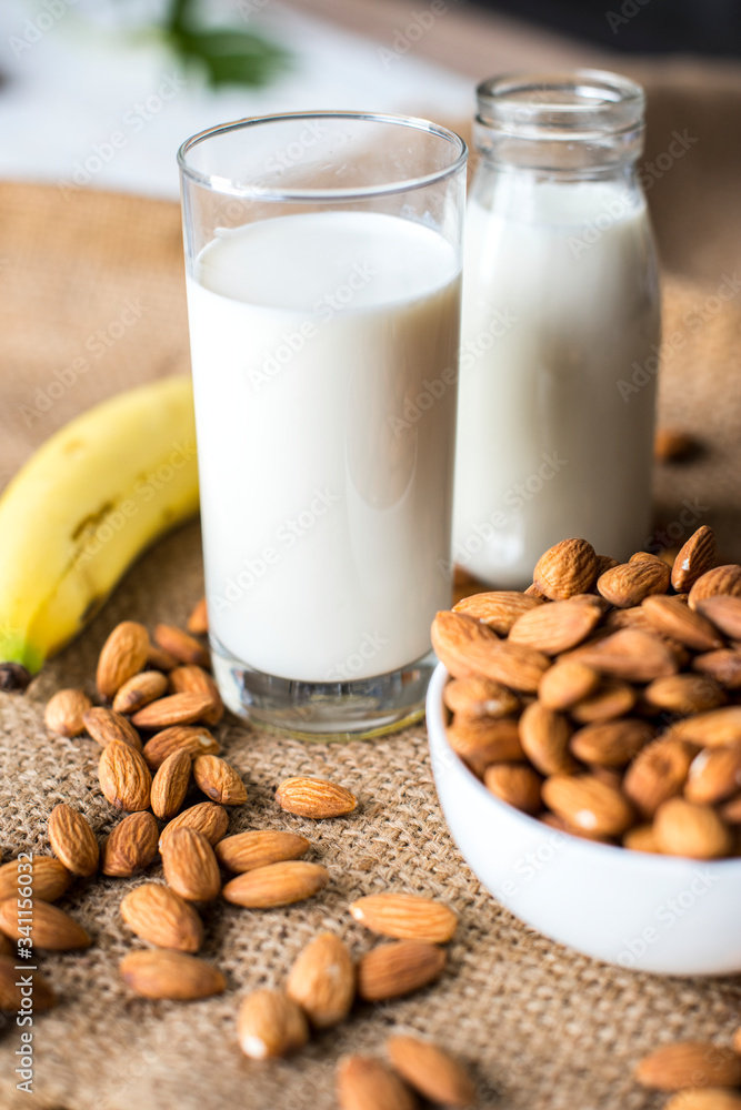Organic almond milk and almonds Organic almond milk and almonds