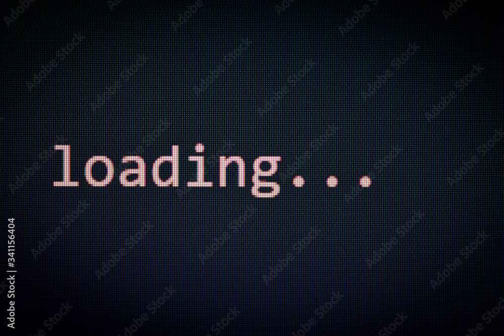 Loading message on display screen black background data progress loading complete alert computer network system software concept
