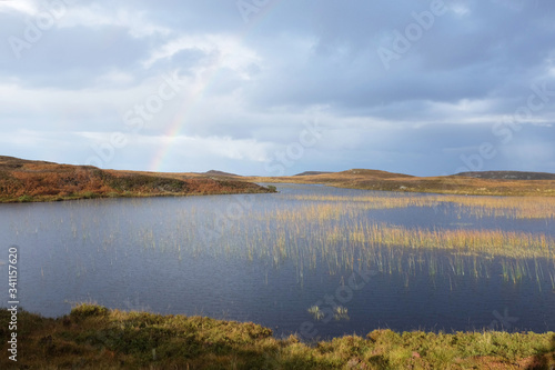 Scottish Loch with Reeds and Rainbow in the Highlands of Sutherland near Strathy and Bettyhill