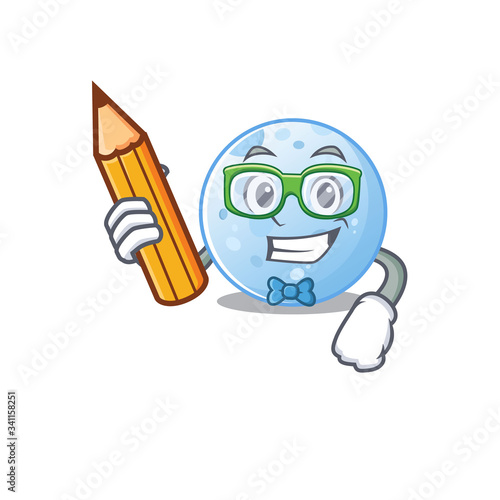 A brainy student blue moon cartoon character with pencil and glasses