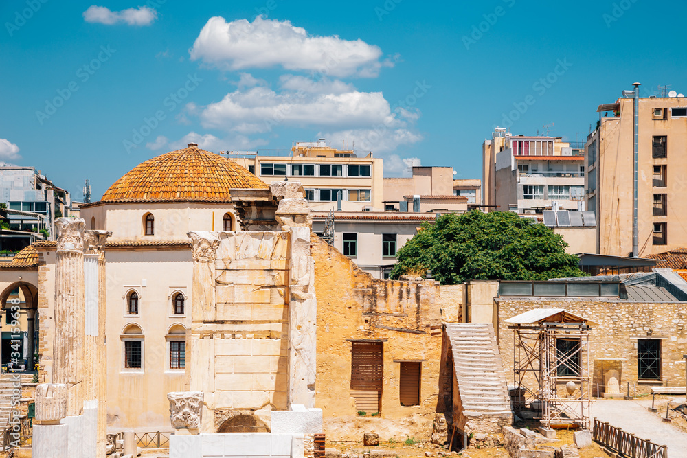 Tzistarakis Mosque and Hadrian's Library ancient ruins in Athens, Greece