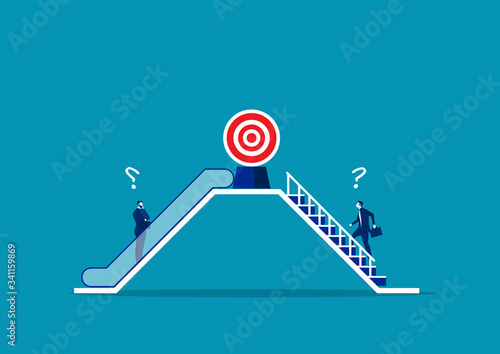 Two businessmen use different way by escalator and stair. to success concept vector