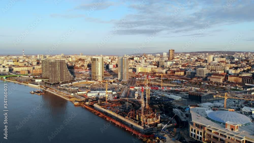 Large construction site on the waterfront of Belgrade, Serbia. Aerial drone video. Large construction site on the waterfront of Belgrade, Serbia. Aerial drone video.