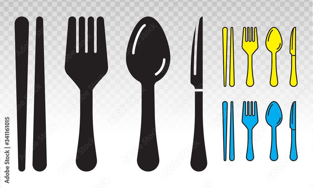 equipment dining silverware or tableware vector flat icon ( spoons, knife, chopsticks and fork) on a transparent background equipment dining silverware or tableware vector flat icon ( spoons, knife, chopsticks and fork) on a transparent background
