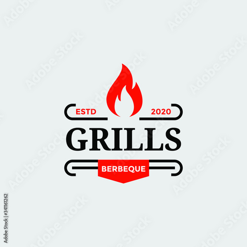 Vintage Grill Barbeque barbecue bbq with crossed fork and fire flame Logo design