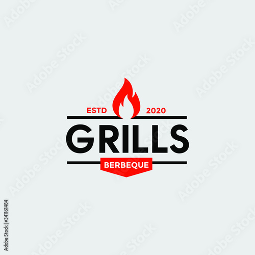 Vintage Grill Barbeque barbecue bbq with crossed fork and fire flame Logo design