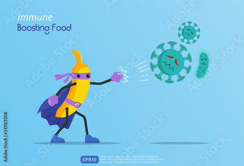Funny cartoon character of banana superhero fight against outbreak viruses and bacteria. Power of immune boosting food concept to fight disease. vector illustration