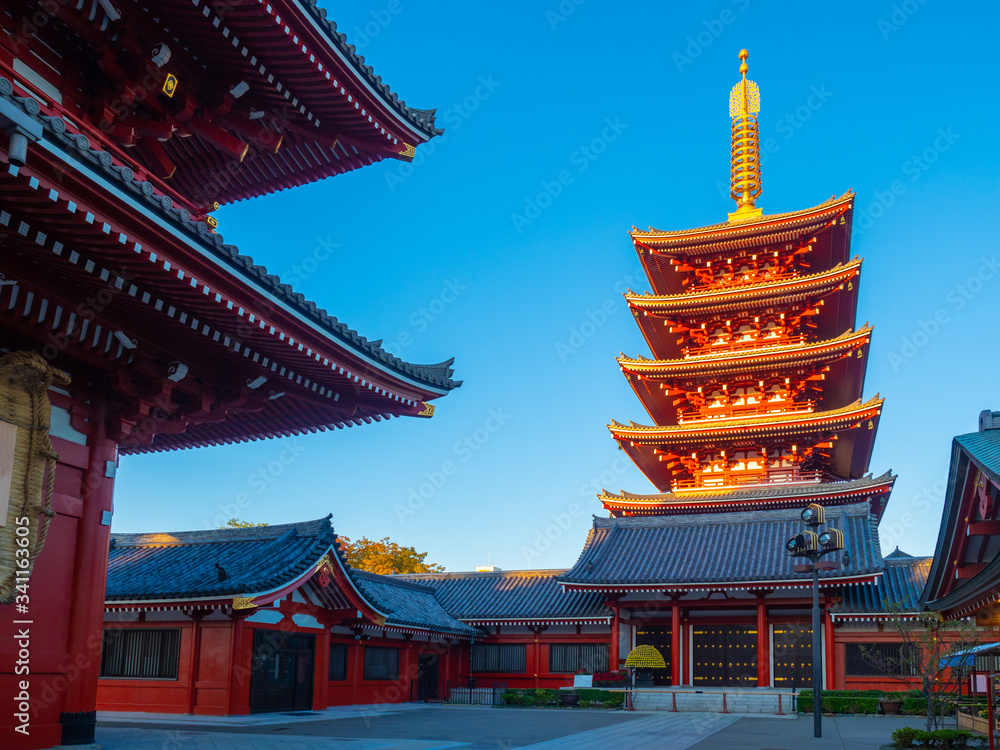 Japan. Tokyo Attractions. Asakusa temple under the blue sky. The red