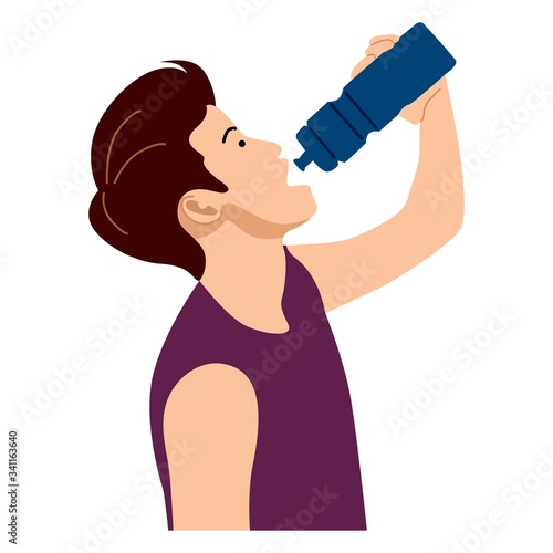 Young man is drinking water from a bottle. Design vector flat illustration