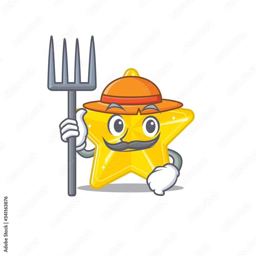 Cartoon character design of shiny star as a Farmer with hat and pitchfork Cartoon character design of shiny star as a Farmer with hat and pitchfork