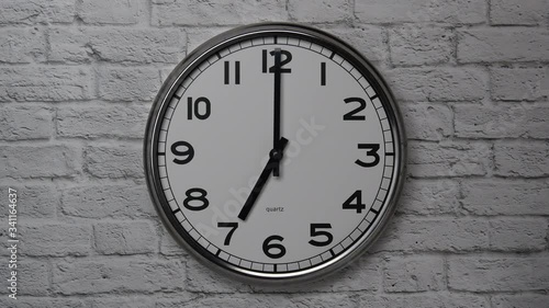 Wallpaper Mural The Time On The Clock Seven. Clock With The Black Arrows With The Arabic Numerals On An White Brick Wall Background. Torontodigital.ca